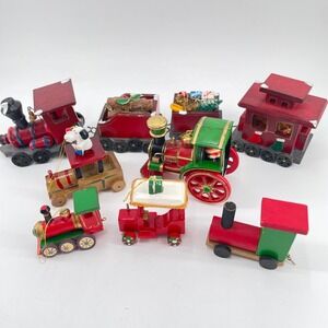 Vintage Wooden Christmas Train Ornament Set Red Green Santa Holiday Decor Taiwan